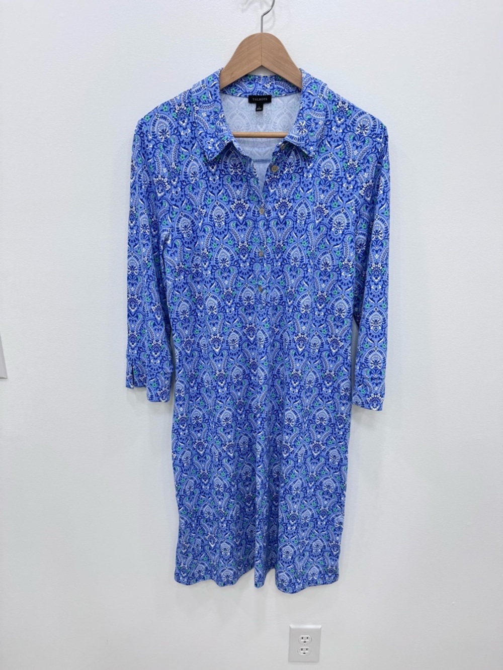 Talbots Shirt Dress Sz Lg Blue Green Paisley  Button - Picture 2 of 7